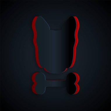 Kağıt kesiği Köpek ve kemik simgesi siyah arka planda izole edilmiş. Besin sembolü. Kağıt sanatı tarzı. Vektör İllüstrasyonu