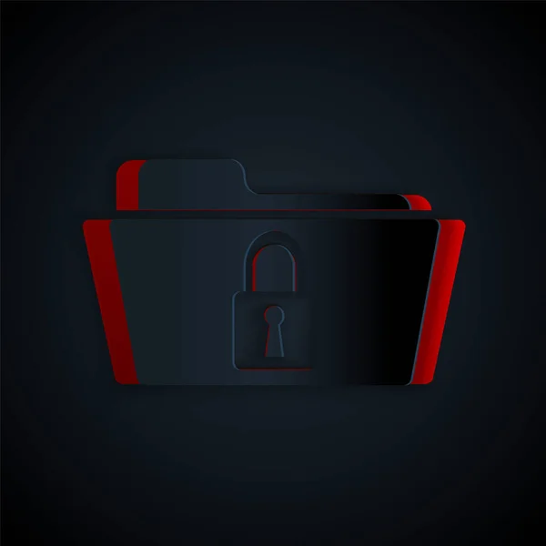 Carpeta de corte de papel y bloqueo icono aislado sobre fondo negro. Carpeta cerrada y candado. Seguridad, seguridad, concepto de protección. Estilo de arte de papel. Ilustración vectorial — Vector de stock