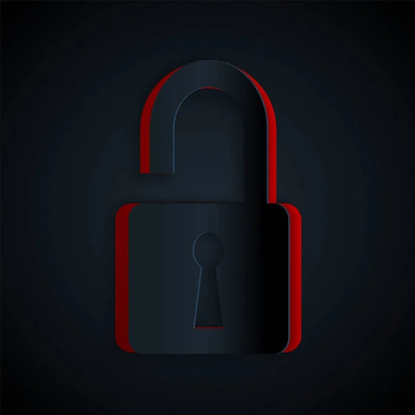 ペーパーカット黒の背景に隔離された南京錠のアイコンを開きます。鍵が開いてるサイバーセキュリティの概念。デジタルデータ保護。安全性。紙のアートスタイル。ベクターイラスト — ストックベクタ