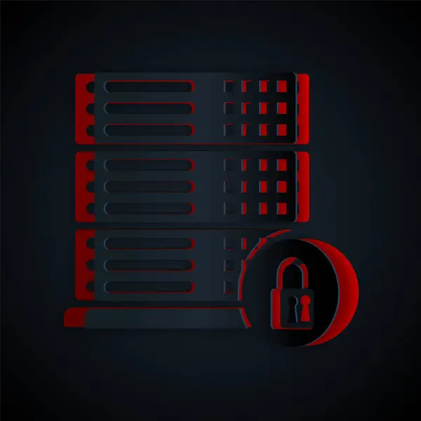 Corte de papel Seguridad del servidor con el icono de candado cerrado aislado sobre fondo negro. Seguridad, seguridad, concepto de protección. Estilo de arte de papel. Ilustración vectorial — Vector de stock