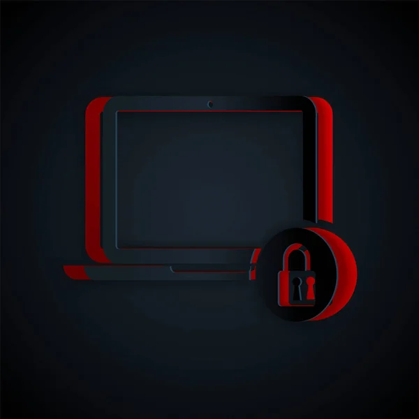 Papírvágás Laptop és zár ikon elszigetelt fekete háttér. Számítógép és lakat. Biztonság, biztonság, védelem. Biztonságos hálózat. Papírművészeti stílus. Vektorillusztráció — Stock Vector
