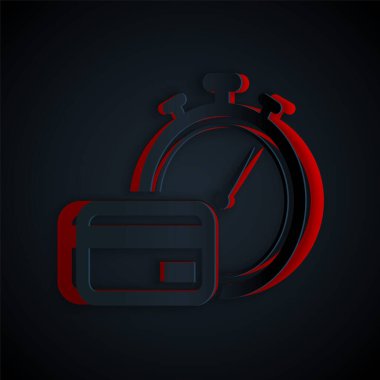 Kağıt kesiği siyah arkaplanda izole edilmiş hızlı ödeme simgesi. Hızlı para transferi ödemesi. Finansal hizmetler, hızlı kredi, zaman para, nakit iade konsepti. Kağıt sanatı tarzı. Vektör İllüstrasyonu