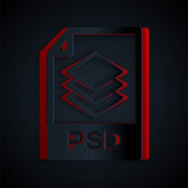 Kağıt kesiği Psd dosya belgesi. Siyah arkaplanda psd simgesi indir. PSD dosya sembolü. Kağıt sanatı tarzı. Vektör İllüstrasyonu