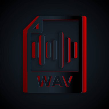 Kağıt kesiği Wav dosya belgesi. Siyah arkaplanda dalga simgesi indir. Dijital ses riff dosyaları için Wav dalga biçimi ses dosyası biçimi. Kağıt sanatı tarzı. Vektör İllüstrasyonu