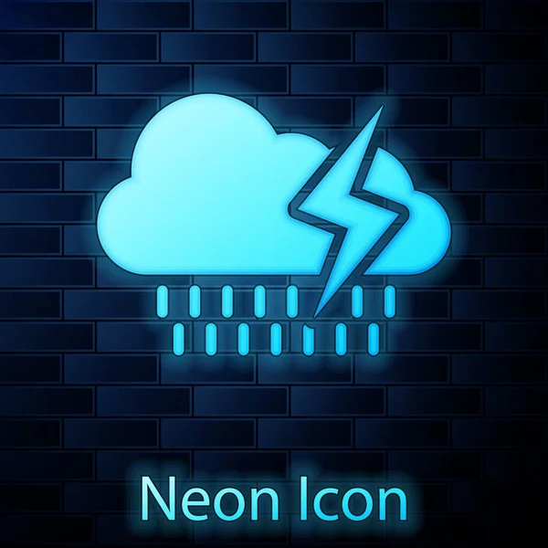 Nuvola Neon Incandescente Con Pioggia Icona Fulmine Isolato Sfondo Muro — Vettoriale Stock