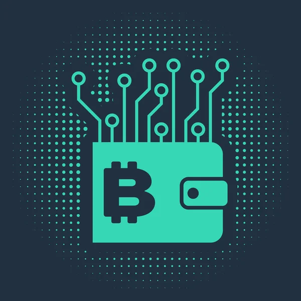 Verde Cryptocurrency Icona Portafoglio Isolato Sfondo Blu Portafoglio Bitcoin Segno — Vettoriale Stock