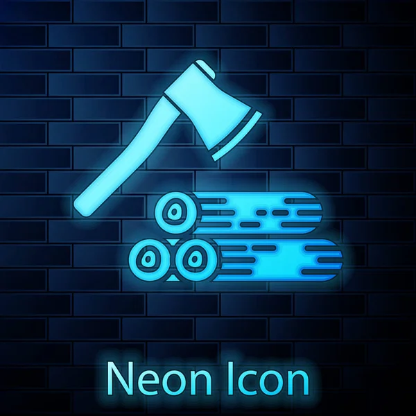 Zářící Neon Dřevěná Sekera Ikona Dřeva Izolované Cihlové Zdi Pozadí — Stockový vektor