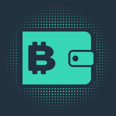 Mavi arkaplanda yeşil kripto para birimi cüzdan simgesi izole edildi. Cüzdan ve bitcoin işareti. Maden konsepti. Para, ödeme, nakit, ödeme ikonu. Soyut çember rastgele noktalar. Vektör İllüstrasyonu