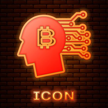 Parlayan Neon Bitcoin simge tuğla duvar arka planda izole düşünüyorum. Cryptocurrency kafası. Blockchain teknolojisi, Bitcoin, dijital para piyasası, kripoin cüzdanı. Vektör Illustration