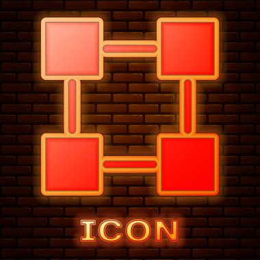 Tuğla duvar arka planda izole parlayan neon Blockchain teknoloji simgesi. Kripto para birimi verileri. Soyut geometrik blok zincir ağ teknolojisi iş. Vektör İllüstrasyonu