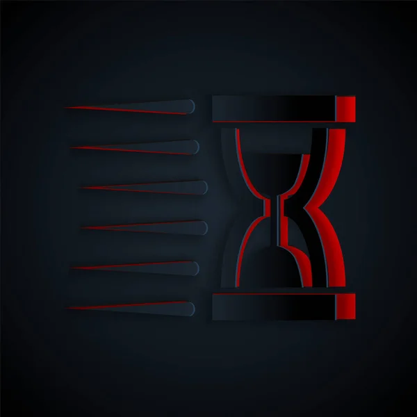 Corte de papel Reloj de arena viejo con icono de arena que fluye aislado sobre fondo negro. Señal de reloj de arena. Concepto de negocio y gestión del tiempo. Estilo de arte de papel. Ilustración vectorial — Vector de stock