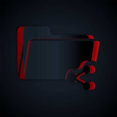 Kağıt kesiği dosya paylaşımı simgesi siyah arkaplanda izole edildi. Dizin paylaşımı. Dizin transfer işareti. Kağıt sanatı tarzı. Vektör İllüstrasyonu