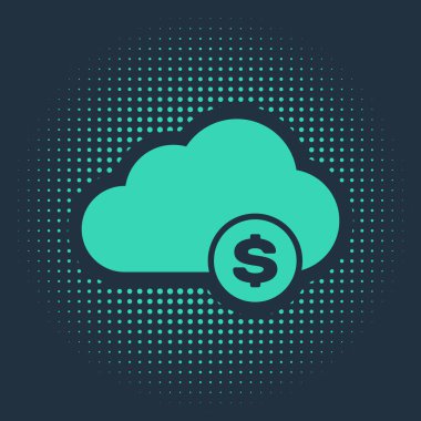 Yeşil Kripto para birimi bulut maden ikonu mavi arka planda izole. Engelleme teknolojisi, bitcoin, dijital para piyasası, kripto para cüzdanı. Soyut çember rastgele noktalar. Vektör İllüstrasyonu