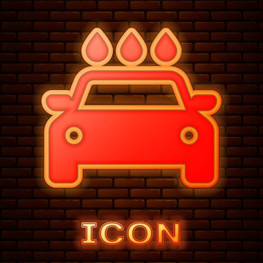 Parlayan neon araba yıkama ikonu tuğla duvar arkasında izole edilmiş. Araba yıkama ve su bulutu ikonu. Vektör İllüstrasyonu