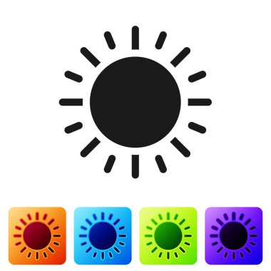 Siyah Güneş simgesi beyaz arkaplanda izole edildi. Renkli kare düğmelerle simgeleri ayarla. Vektör İllüstrasyonu