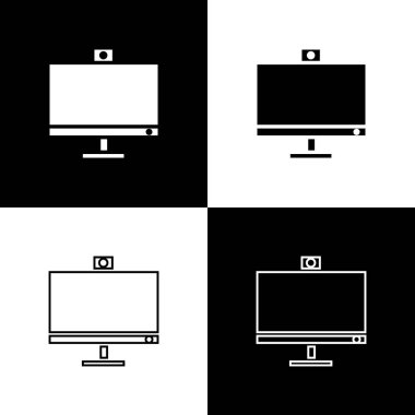 Bilgisayar monitörü simgesini siyah beyaz arkaplanda izole et. Bilgisayar bileşeni işareti. Vektör İllüstrasyonu