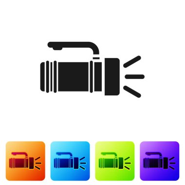 Beyaz arkaplanda siyah el feneri simgesi izole edildi. Turist el feneri sapı. Renkli kare düğmelerle simgeleri ayarla. Vektör İllüstrasyonu