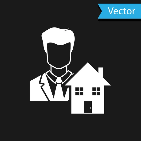 Icono del agente inmobiliario blanco aislado sobre fondo negro. Comprando casa. Ilustración vectorial — Vector de stock