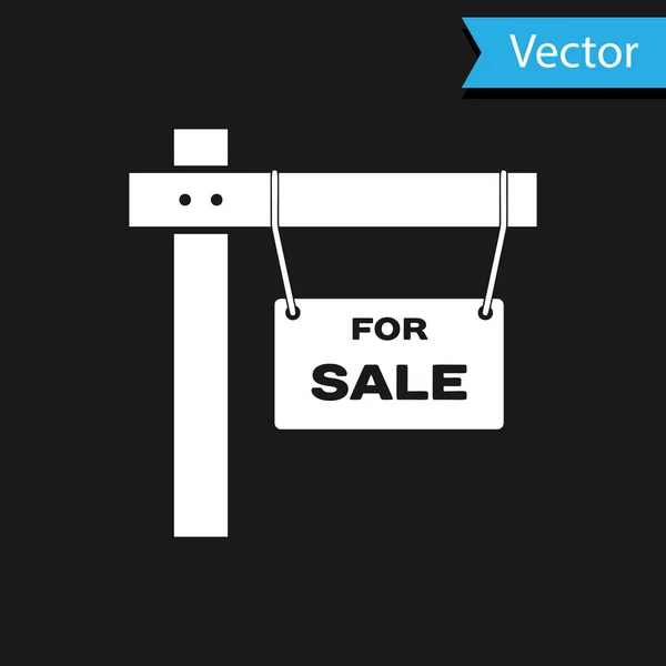 Panneau suspendu blanc avec texte à vendre icône isolée sur fond noir. Panneau avec texte à vendre. Illustration vectorielle — Image vectorielle