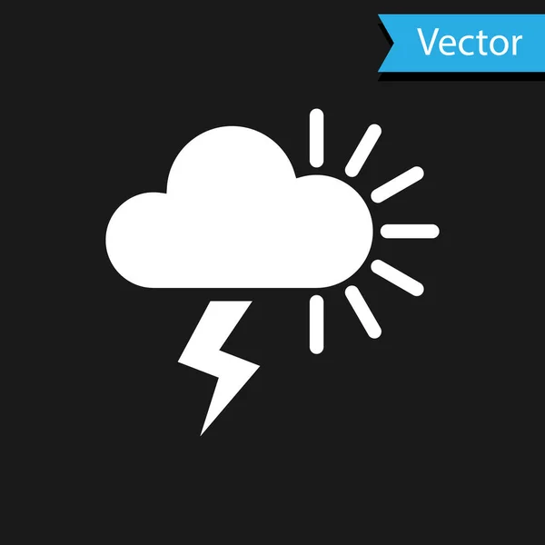 White Storm icon isolated on black background. Cloudy with lightning and sun sign. Weather icon of storm. Vector Illustration — Stock Vector