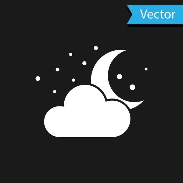 White Cloud with moon and stars icon isolated on black background. Cloudy night sign. Sleep dreams symbol. Night or bed time sign. Vector Illustration — Stock Vector