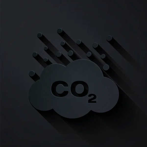 Paper cut CO2 emissions in cloud icon isolated on black background. Carbon dioxide formula symbol, smog pollution concept, environment concept. Paper art style. Vector Illustration — Stock Vector