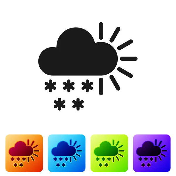 Чорна хмарність зі сніговим значком ізольовано на білому тлі. Хмара зі сніжинками. Піктограма однієї погоди. Сніговий знак. Встановити піктограми у квадратних кнопках кольорів. Векторна ілюстрація — стоковий вектор