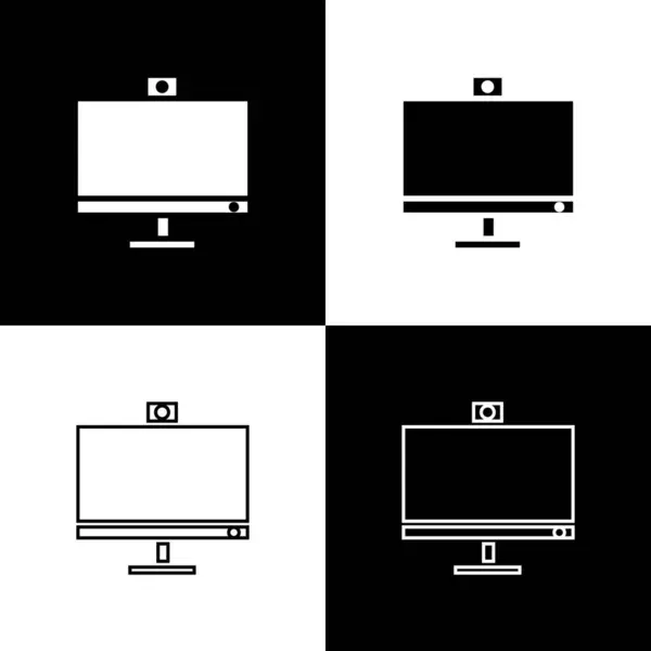 Setzen Sie das Computerbildschirm-Symbol isoliert auf schwarzem und weißem Hintergrund. PC-Komponenten-Zeichen. Vektorillustration — Stockvektor