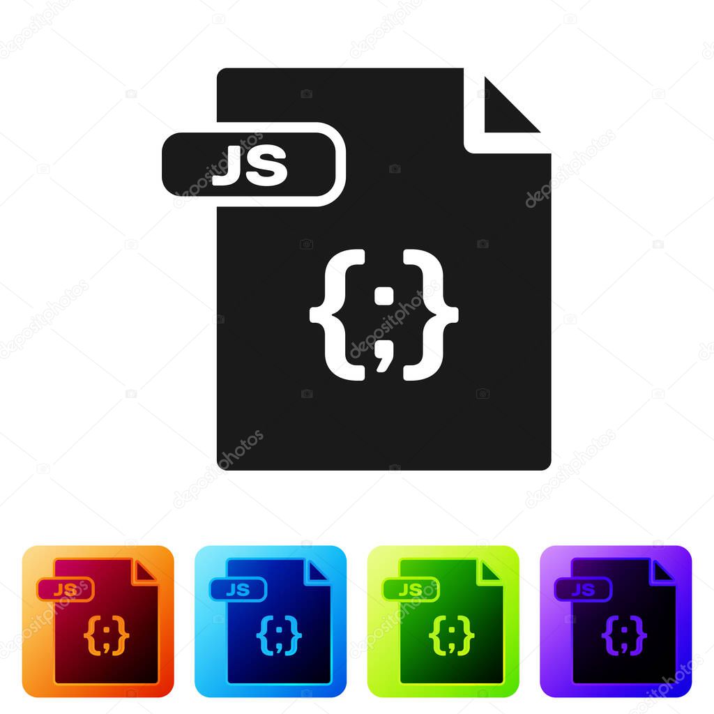 Black JS file document. Download js button icon isolated on white background. JS file symbol. Set icons in color square buttons. Vector Illustration
