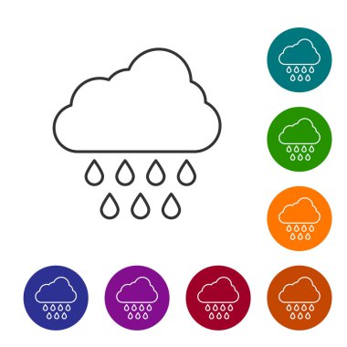 Beyaz arka planda izole edilmiş yağmur ikonu olan gri çizgi bulutu. Yağmur damlaları ile yağmur bulutu yağışı. Simgeleri renk daire düğmelerine ayarla. Vektör İllüstrasyonu