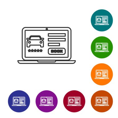 Gri çizgi çevrimiçi araba paylaşım simgesi beyaz arkaplanda izole edildi. Çevrimiçi araba kiralama servisi. Dizüstü bilgisayar için online dizayn konsepti. Simgeleri renk daire düğmelerine ayarla. Vektör İllüstrasyonu