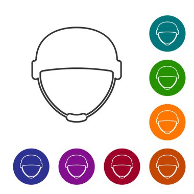 Gri çizgi askeri miğfer ikonu beyaz arka planda izole edildi. Ordu şapkasının savunma ve koruma sembolü. Koruyucu şapka. Simgeleri renk daire düğmelerine ayarla. Vektör İllüstrasyonu