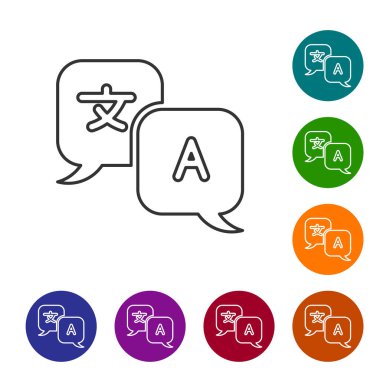 Gri çizgi tercüman simgesi beyaz arkaplanda izole edildi. Sohbet balonunda yabancı dil konuşma simgeleri. Çeviri konsepti. Simgeleri renk daire düğmelerine ayarla. Vektör İllüstrasyonu