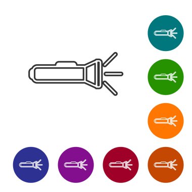 Gri çizgi el feneri simgesi beyaz arkaplanda izole edildi. Simgeleri renk daire düğmelerine ayarla. Vektör İllüstrasyonu