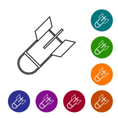 Gri çizgi bomba ikonu beyaz arka planda izole edildi. Roket bombası düşüyor. Simgeleri renk daire düğmelerine ayarla. Vektör İllüstrasyonu