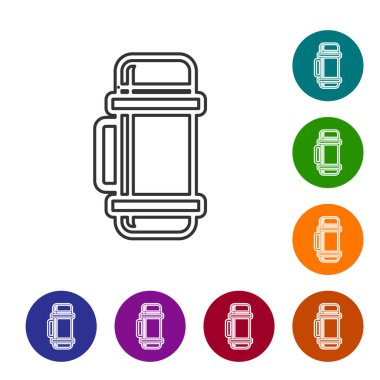 Beyaz arka planda gri çizgi termos konteynır simgesi izole edildi. Termo matara ikonu. Kamp ve yürüyüş ekipmanları. Simgeleri renk daire düğmelerine ayarla. Vektör İllüstrasyonu