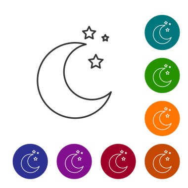 Gri çizgi Ay ve yıldız ikonu beyaz arkaplanda izole edildi. Simgeleri renk daire düğmelerine ayarla. Vektör İllüstrasyonu