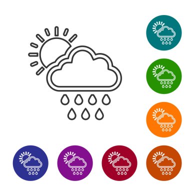 Beyaz zemin üzerinde yağmur ve güneş ikonu olan gri çizgi bulutu. Yağmur damlaları ile yağmur bulutu yağışı. Simgeleri renk daire düğmelerine ayarla. Vektör İllüstrasyonu