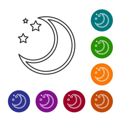 Gri çizgi Ay ve yıldız ikonu beyaz arkaplanda izole edildi. Simgeleri renk daire düğmelerine ayarla. Vektör İllüstrasyonu
