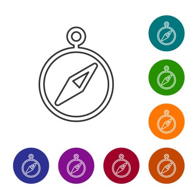 Gri çizgi pusula simgesi beyaz arkaplanda izole edildi. Rüzgâr yön bulma sembolü. Rüzgar gül işareti. Simgeleri renk daire düğmelerine ayarla. Vektör İllüstrasyonu