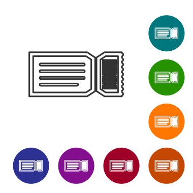 Gri çizgi bilet simgesi beyaz arkaplanda izole edildi. Simgeleri renk daire düğmelerine ayarla. Vektör İllüstrasyonu