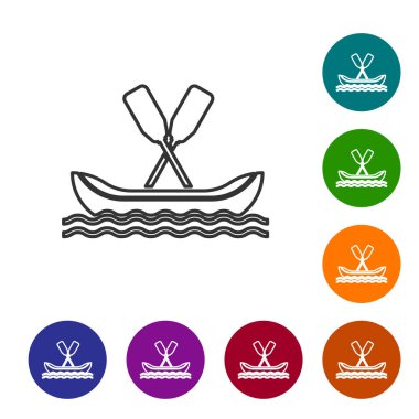 Beyaz arka planda gri çizgi rafting botu simgesi izole edildi. Kürekli kano. Su sporları, ekstrem sporlar, tatil, tatil, takım oluşturma. Simgeleri renk daire düğmelerine ayarla. Vektör İllüstrasyonu