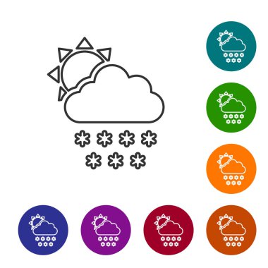 Beyaz zemin üzerinde kar ve güneş ikonu olan gri çizgi bulutu. Kar taneli bulut. Tek hava ikonu. Kar tabelası. Simgeleri renk daire düğmelerine ayarla. Vektör İllüstrasyonu