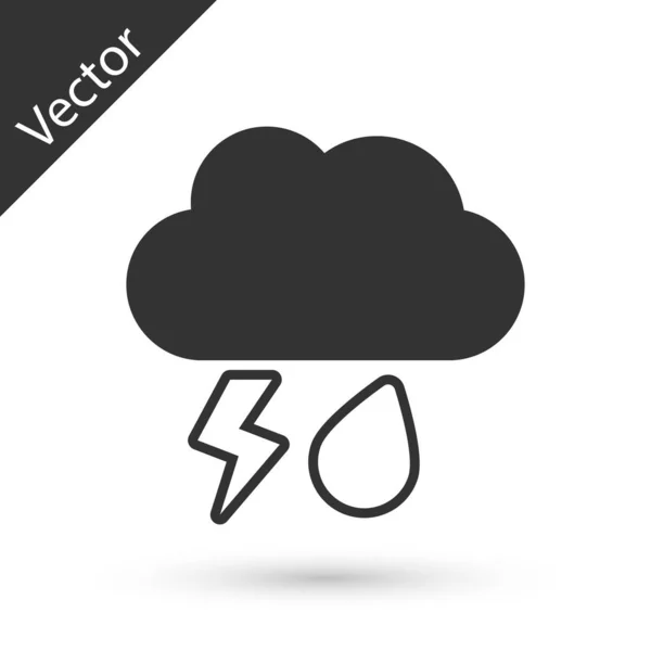 Nuvola grigia con pioggia e icona fulmine isolata su sfondo bianco. Pioggia precipitazioni nuvolose con gocce di pioggia.Meteo icona della tempesta. Illustrazione vettoriale — Vettoriale Stock