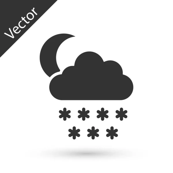 Graue Wolke mit Schnee und Mond-Symbol auf weißem Hintergrund. Wolke mit Schneeflocken. einzelnes Wettersymbol. Schneeschild. Vektorillustration — Stockvektor