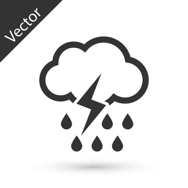 Nube gris con la lluvia y relámpago icono aislado sobre fondo blanco. Precipitación de nubes de lluvia con gotas de lluvia.Icono meteorológico de la tormenta. Ilustración vectorial — Vector de stock