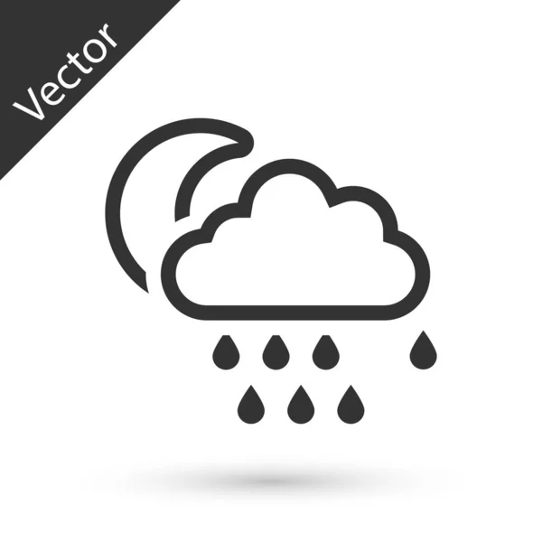 Nuvem cinza com ícone de chuva e lua isolado no fundo branco. Precipitação de nuvens de chuva com gotas de chuva. Ilustração vetorial — Vetor de Stock