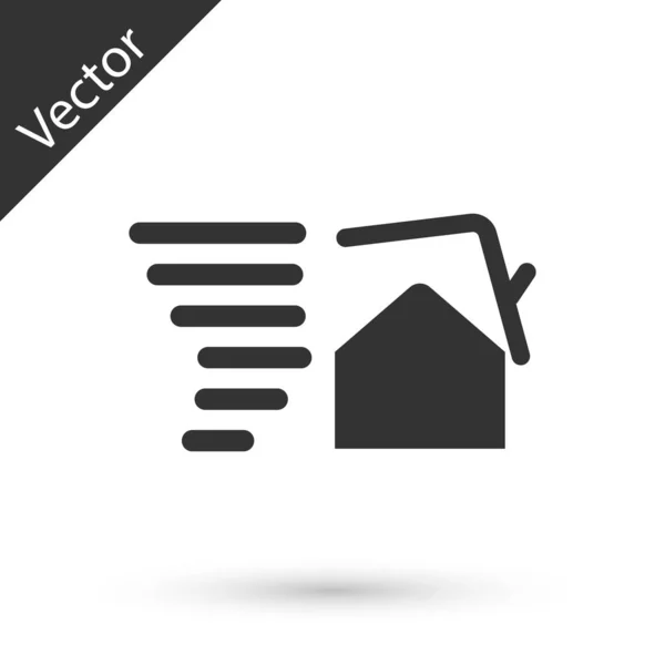 Tornado cinzento redemoinho danifica ícone telhado casa isolada no fundo branco. Ciclone, turbilhão, funil de tempestade, ícone de vento de furacão. Ilustração vetorial — Vetor de Stock
