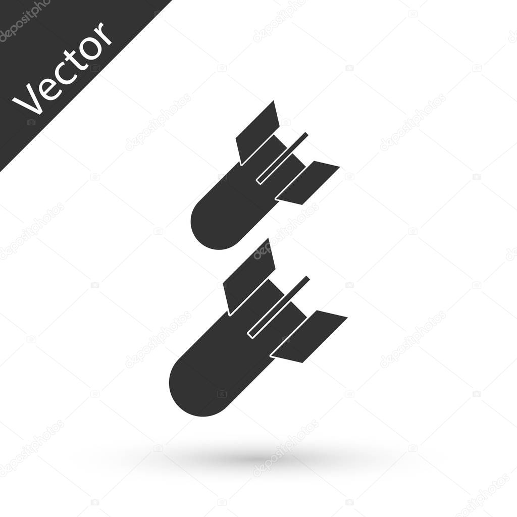 Grey Aviation bomb icon isolated on white background. Rocket bomb flies down. Vector Illustration