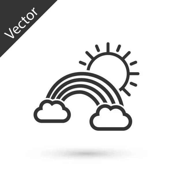 Γκρι ουράνιο τόξο με σύννεφα και εικονίδιο ήλιου απομονωμένο σε λευκό φόντο. Εικονογράφηση διανύσματος — Διανυσματικό Αρχείο